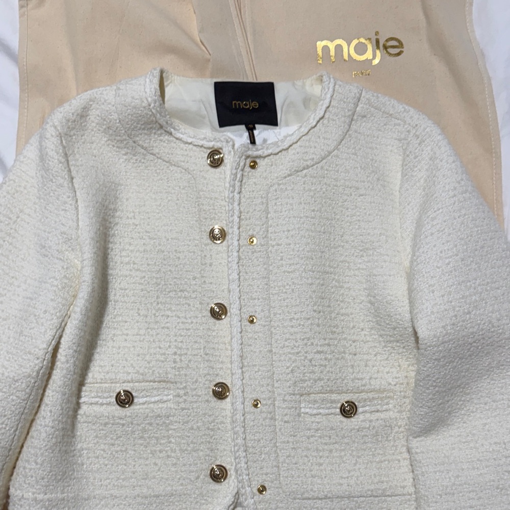 Maje Cream Bouclé Collarless Jacket with Gold Buttons